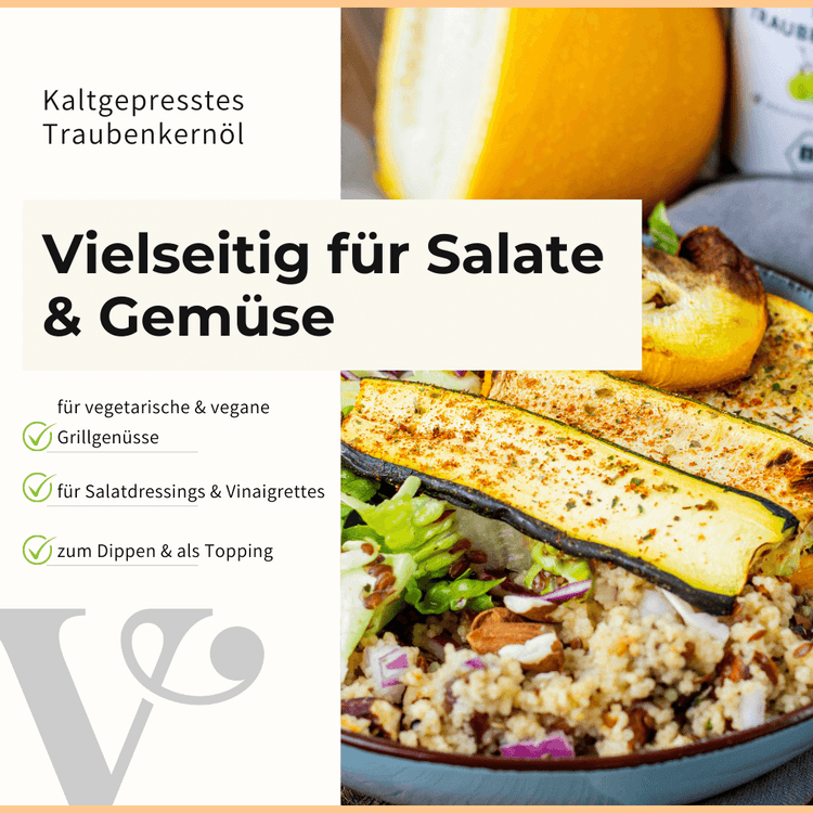 Couscoussalat mit Zucchinistreifen und einem Text mit Anwendungstipps zu Vitis24 kaltgepresstem Traubenkernöl.