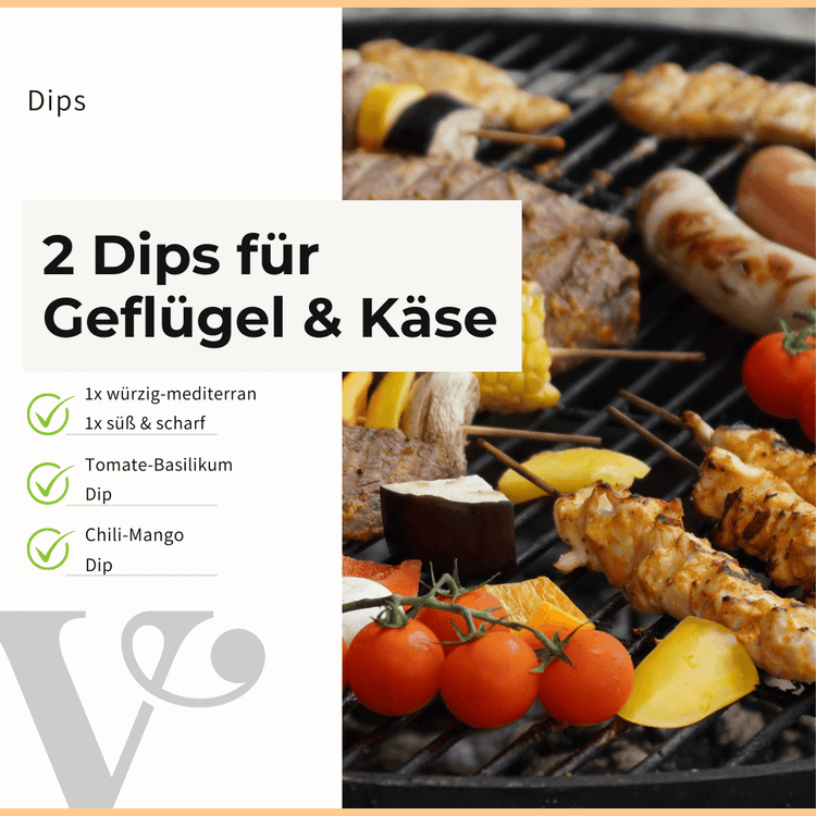 Gemüsespieße und Fleischspieße auf einem Grill mit Text zu Dips von Vitis24.