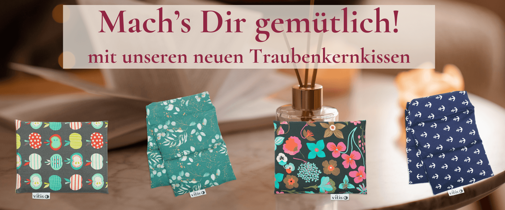 Traubenkernkissen mit verschiedenen Designs von der Firma Vitis.